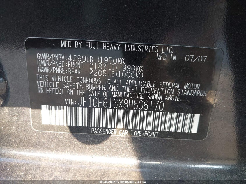 SUBARU IMPREZA 2008 VIN JF1GE616X8H506170