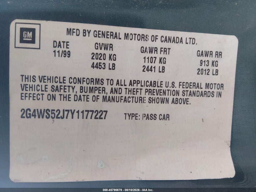 BUICK CENTURY 2000 VIN 2G4WS52J7Y1177227