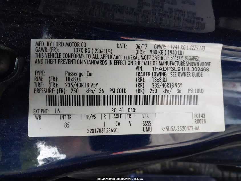 FORD FOCUS ST 2017 VIN 1FADP3L91HL302468