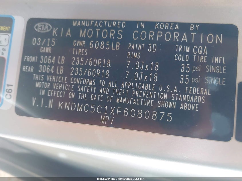KIA SEDONA 2015 VIN KNDMC5C1XF6080875