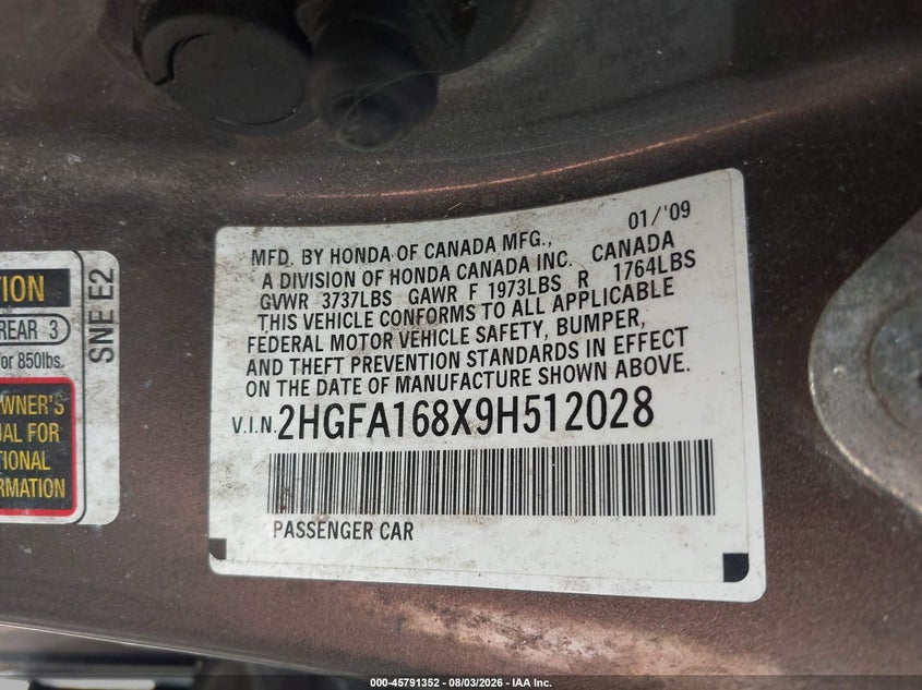 HONDA CIVIC 2009 VIN 2HGFA168X9H512028