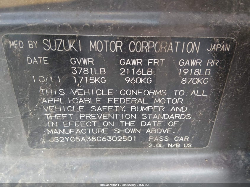 2012 SUZUKI SX4 SEDAN 2L I4 FI DOHC 16V NF4