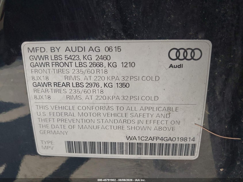 2016 AUDI Q5 SPORT UTILITY VEHICLE 2.0L I-4 DI, DOHC, VVT, TURBO, 220HP