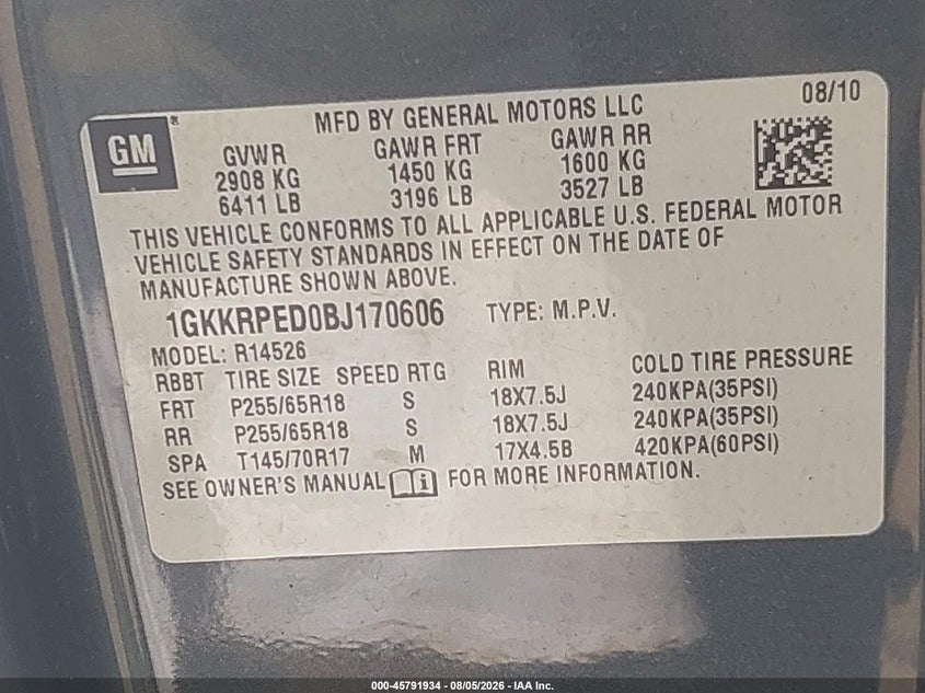 GMC ACADIA 2011 VIN 1GKKRPED0BJ170606
