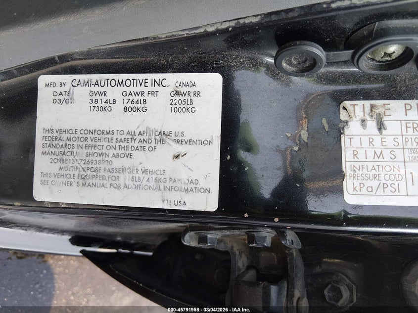 CHEVROLET TRACKER 2002 VIN 2CNBE13C726938220