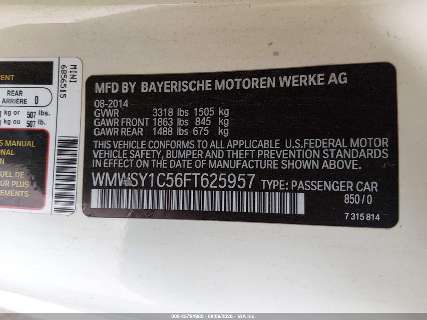 2015 MINI ROADSTER CABRIO 1.6L I-4 DOHC, VVT, 121HP