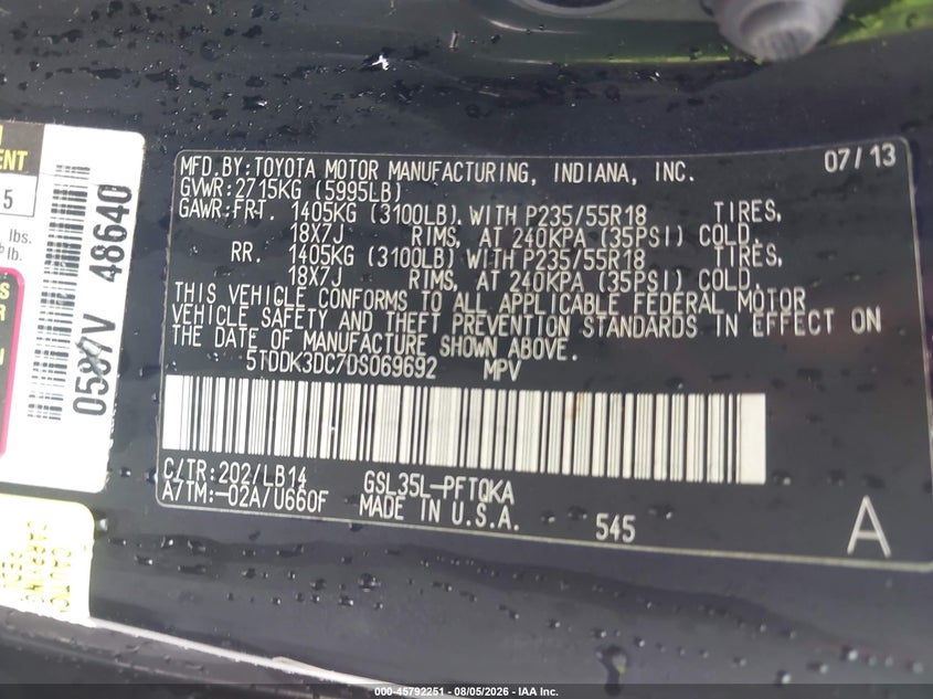 2013 TOYOTA SIENNA VAN 3.5L V-6 DOHC, VVT, 266HP