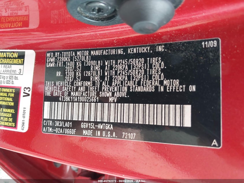 TOYOTA VENZA 2009 VIN 4T3BK11A19U025661