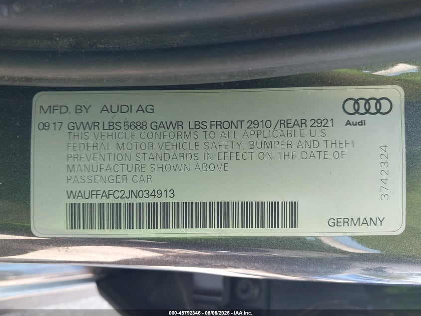 2018 AUDI S6 SEDAN 4.0L V-8 DI, DOHC, VVT, TURBO, 450HP
