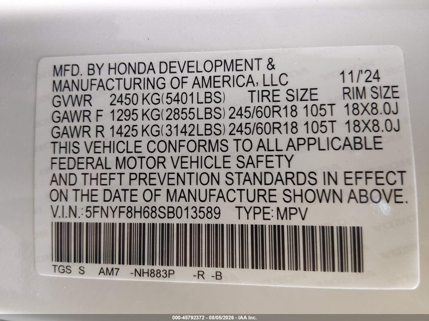 HONDA PASSPORT 2025 VIN 5FNYF8H68SB013589