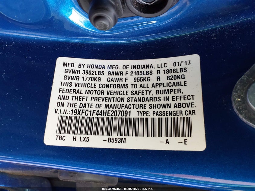HONDA CIVIC 2017 VIN 19XFC1F44HE207091