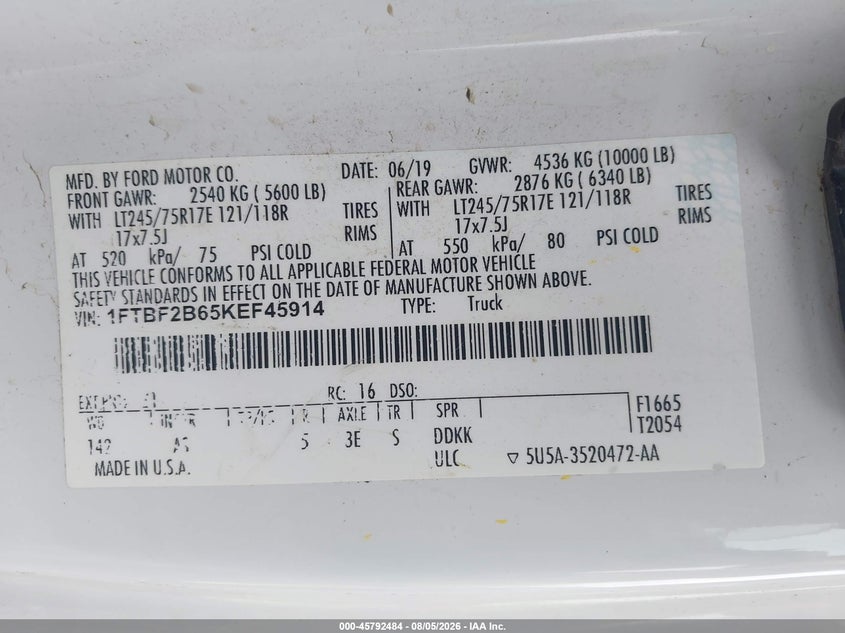 Vin: 1ftbf2b65kef45914, lot: 46291315, ford f-250 xl 20194