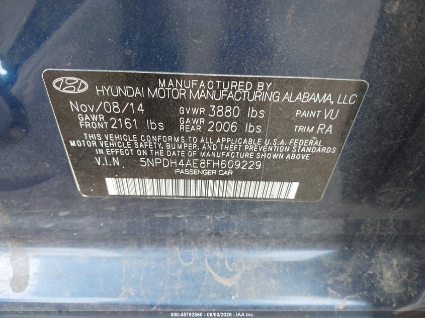 HYUNDAI ELANTRA 2015 VIN 5NPDH4AE8FH609229