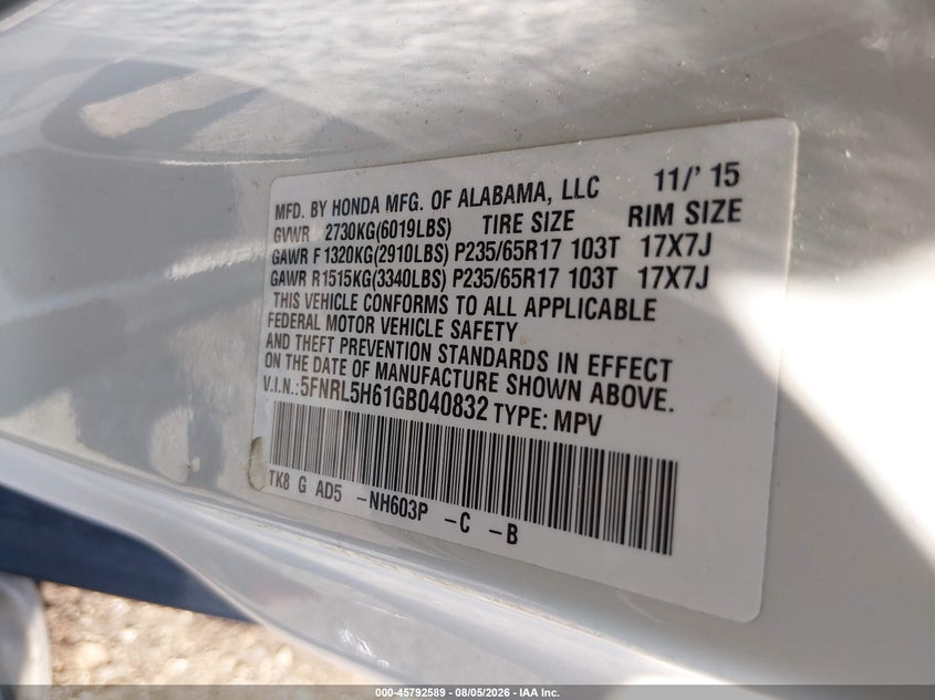 HONDA ODYSSEY 2016 VIN 5FNRL5H61GB040832