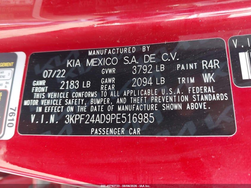 KIA FORTE 2023 VIN 3KPF24AD9PE516985