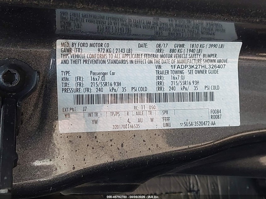 FORD FOCUS 2017 VIN 1FADP3K27HL326407