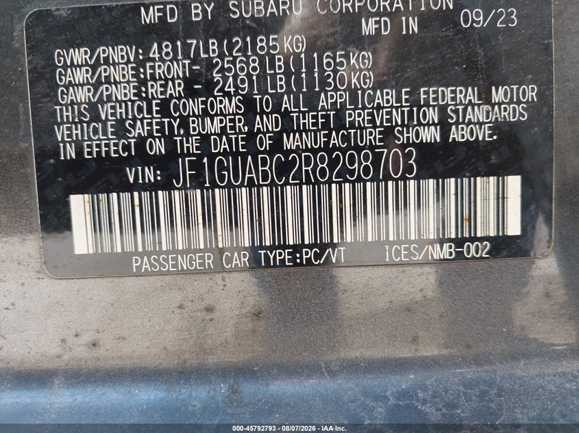 SUBARU IMPREZA 2024 VIN JF1GUABC2R8298703