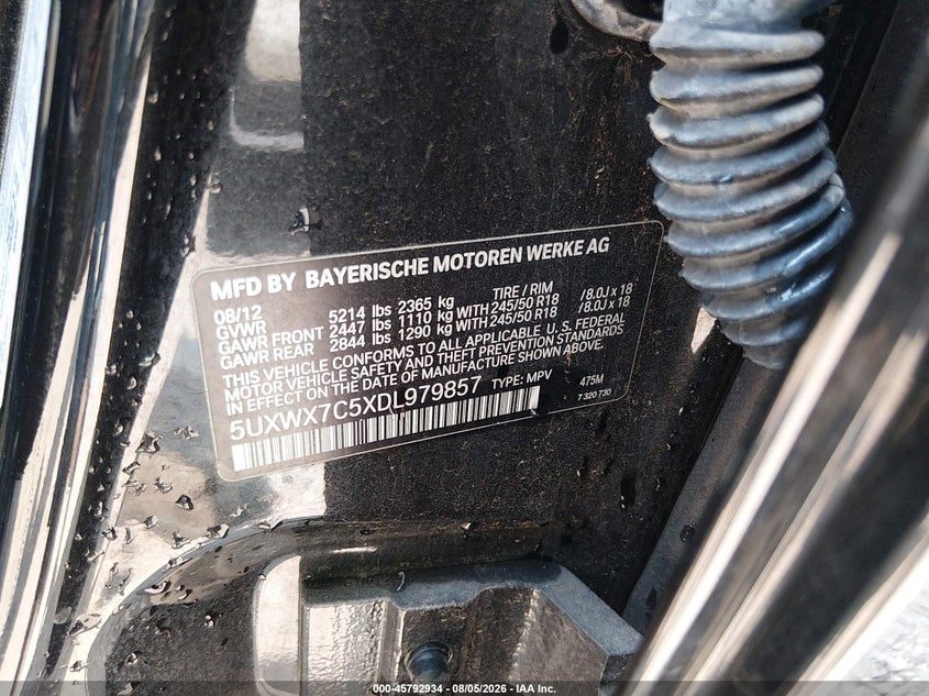 BMW X3 2013 VIN 5UXWX7C5XDL979857
