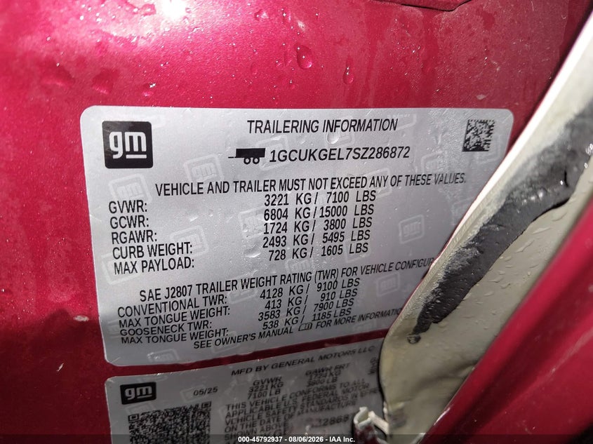 CHEVROLET SILVERADO 1500 2025 VIN 1GCUKGEL7SZ286872