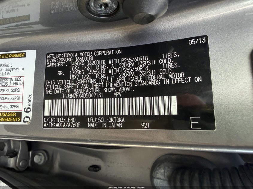 LEXUS GX 460 2013 VIN JTJBM7FX4D5062131