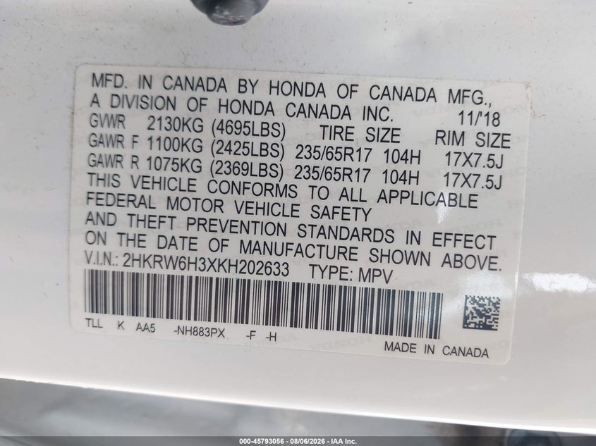 HONDA CR-V 2019 VIN 2HKRW6H3XKH202633
