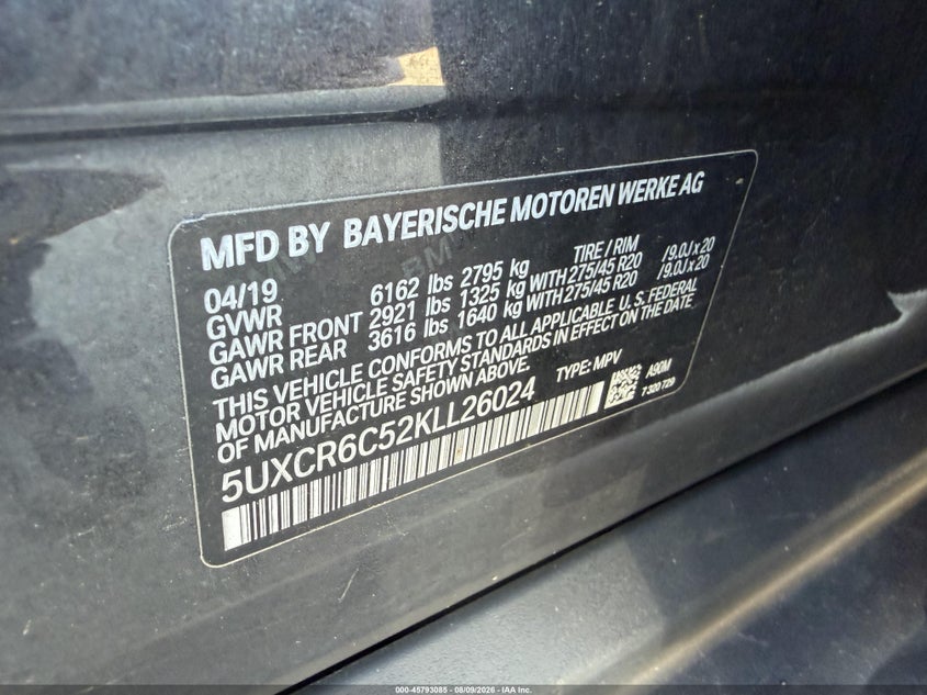 BMW X5 2019 VIN 5UXCR6C52KLL26024