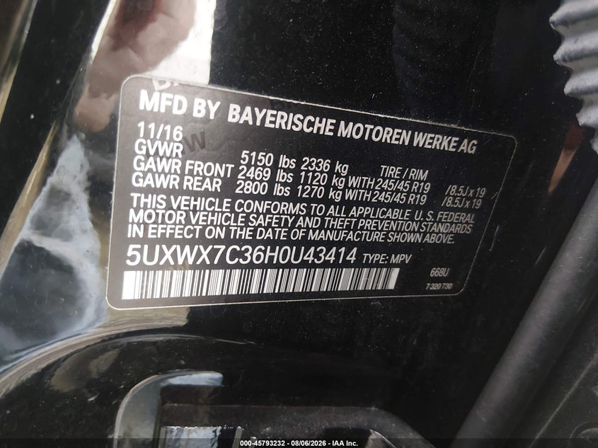 2017 BMW X3 SPORT UTILITY VEHICLE 3.0L I-6 DI, DOHC, VVT, TURBO, 300HP