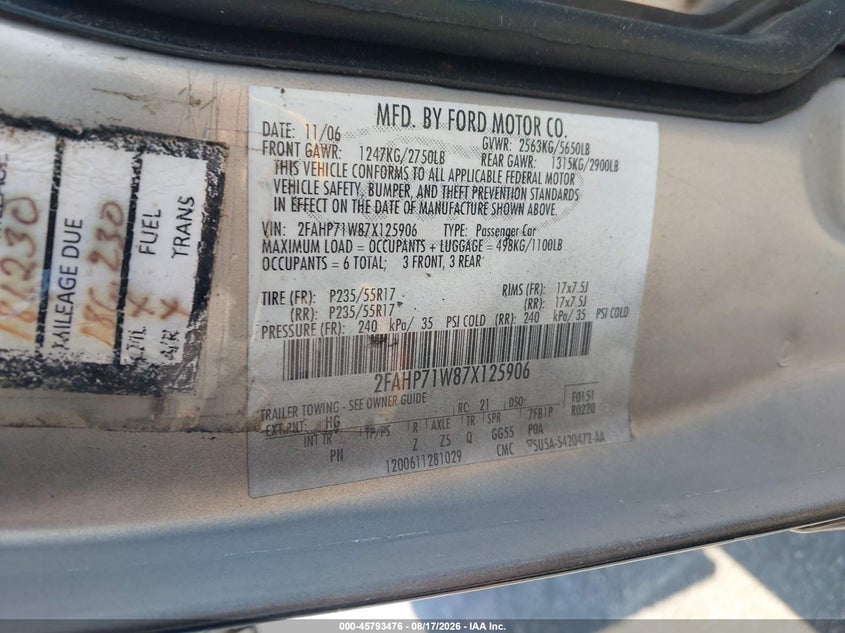 FORD CROWN VICTORIA 2007 VIN 2FAHP71W87X125906