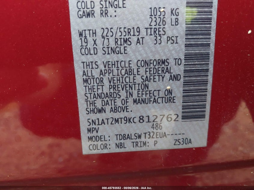 2019 NISSAN ROGUE SPORT UTILITY VEHICLE 2.5L I-4 DOHC, VVT, 170HP