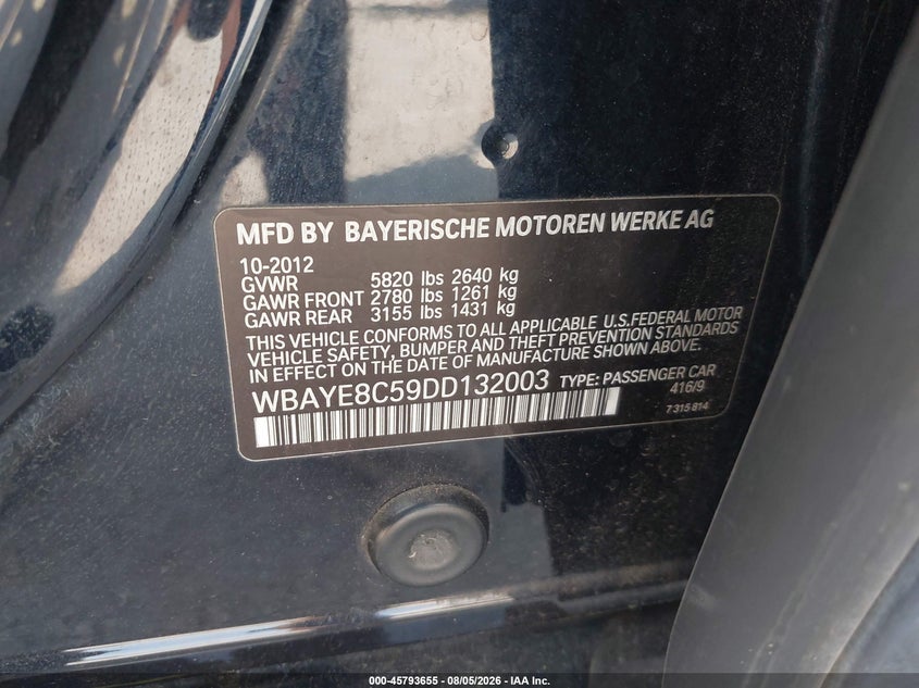 BMW 750LI 2013 VIN WBAYE8C59DD132003