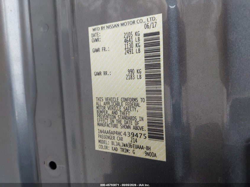 2017 NISSAN MAXIMA SEDAN 3.5L V-6 DOHC, VVT, 300HP