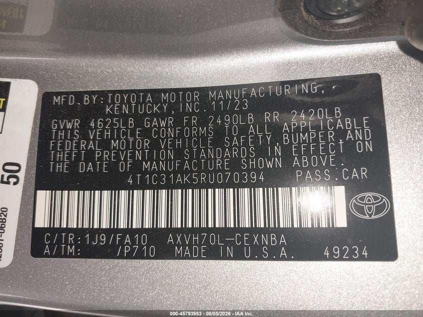 TOYOTA CAMRY HYBRID 2024 VIN 4T1C31AK5RU070394