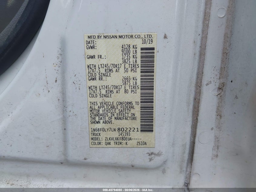 Vin: 1n6bf0ly7ln802221, lot: 46292912, nissan nv cargo nv2500 hd sv high roof v6 20204