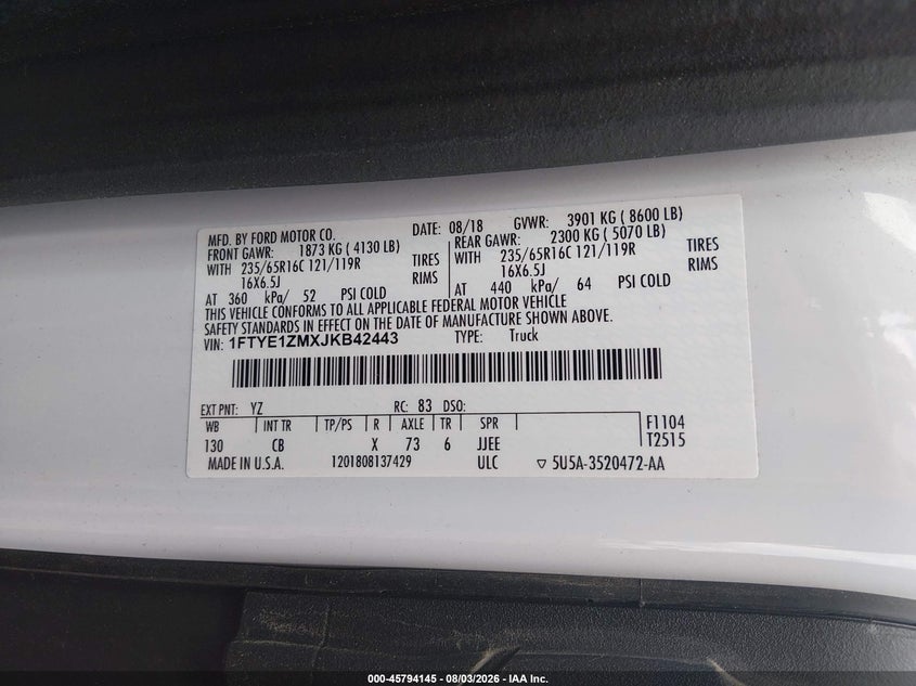 FORD TRANSIT-150 2018 VIN 1FTYE1ZMXJKB42443