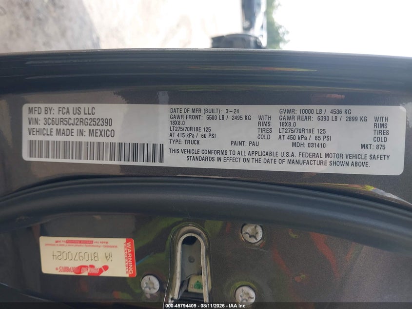 RAM 2500 2024 VIN 3C6UR5CJ2RG252390