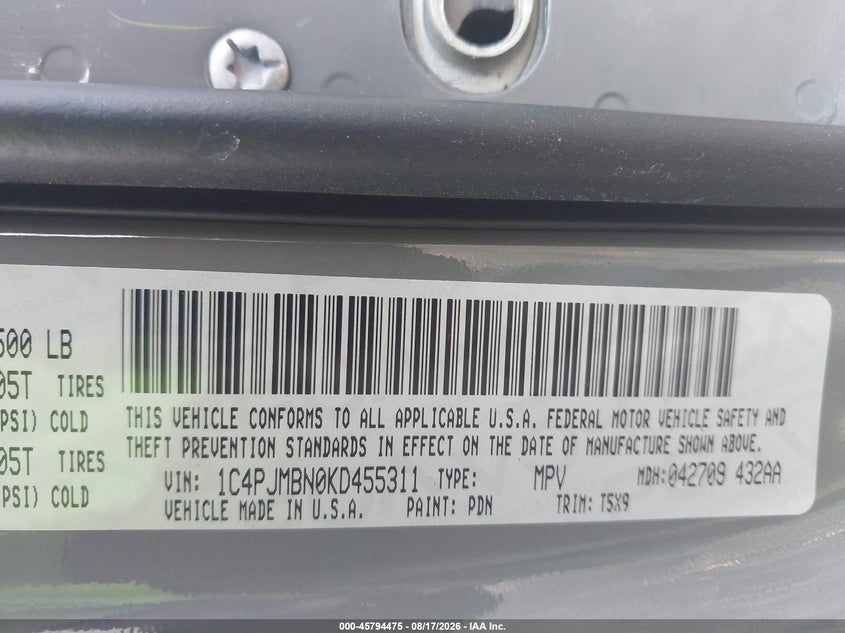 JEEP CHEROKEE 2019 VIN 1C4PJMBN0KD455311