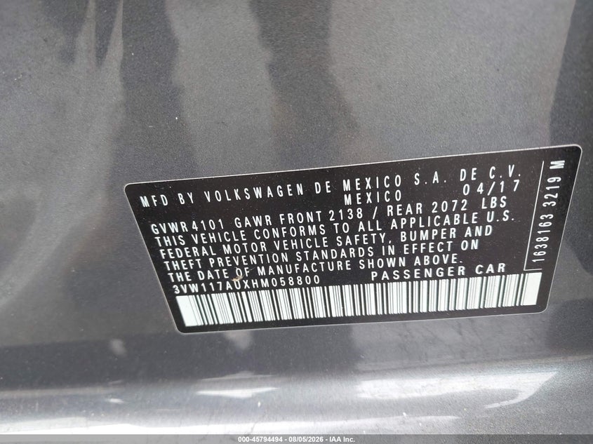 VOLKSWAGEN GOLF 2017 VIN 3VW117AUXHM058800