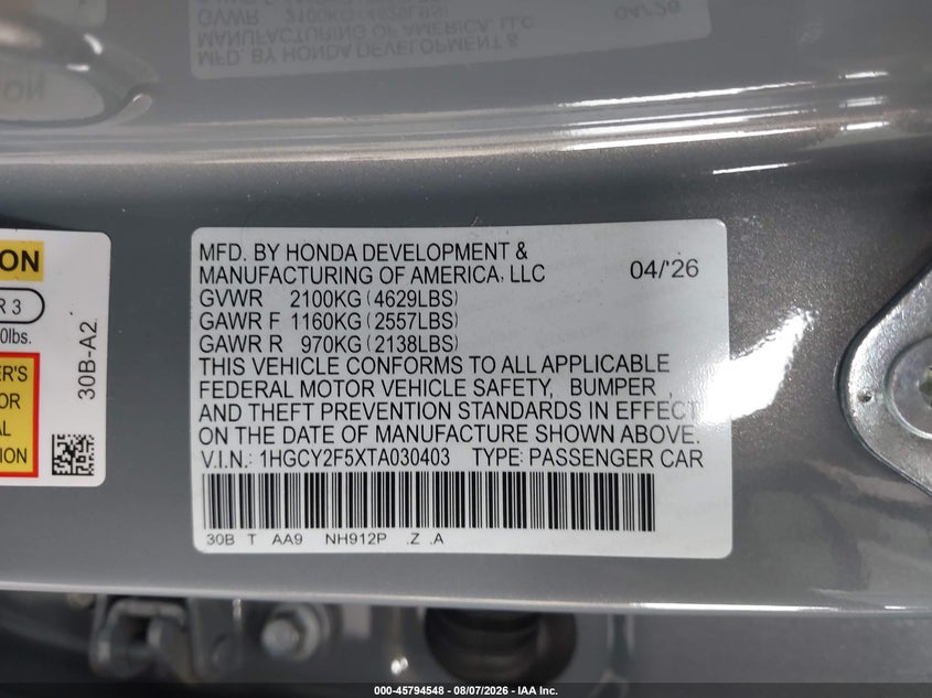 2026 HONDA ACCORD SEDAN 2.0L I-4 DI, DOHC, VVT, REGULAR , 146HP