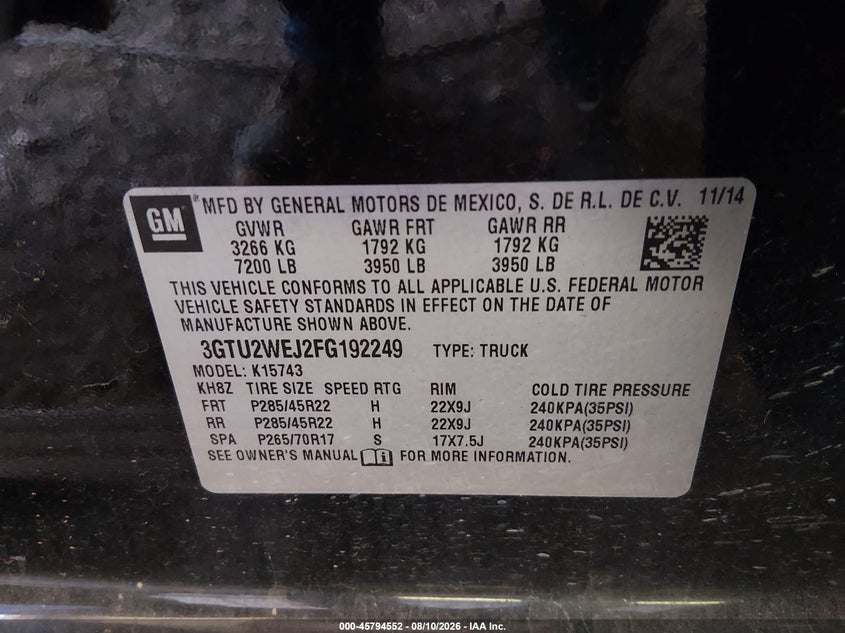 GMC SIERRA 1500 2015 VIN 3GTU2WEJ2FG192249