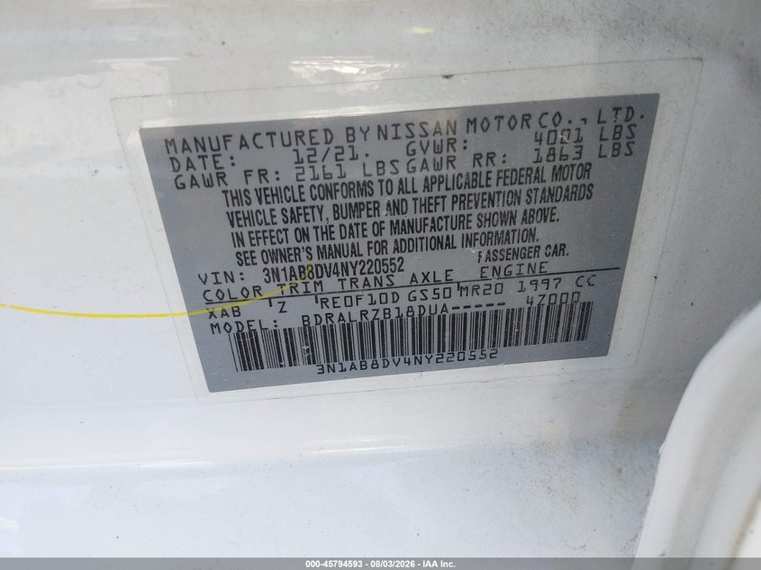 Vin: 3n1ab8dv4ny220552, lot: 46293424, nissan sentra sr xtronic cvt 2022 img_1
