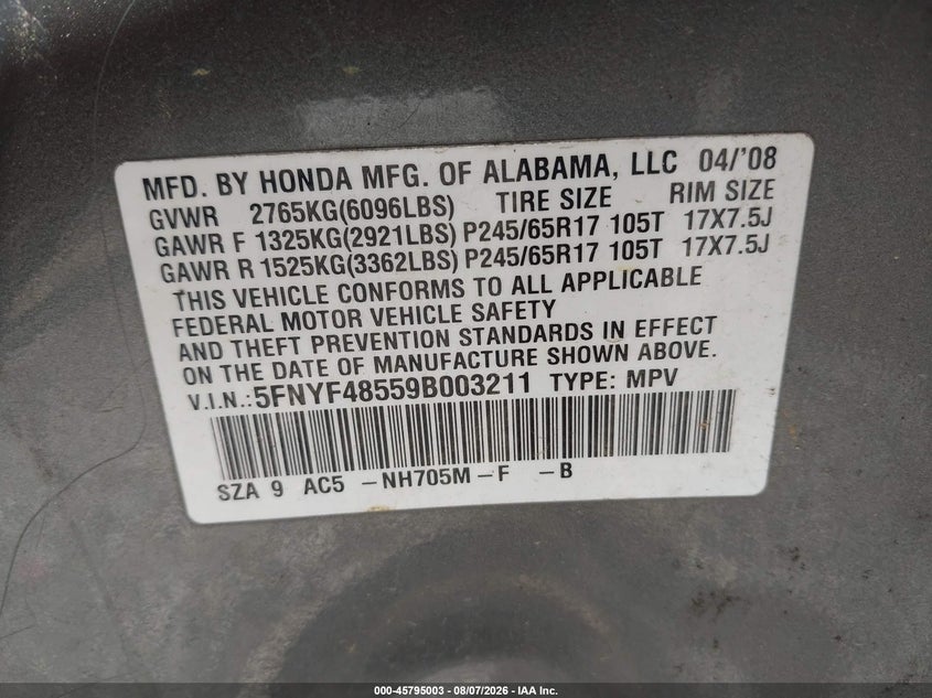 2009 HONDA PILOT SPORT UTILITY VEHICLE 3.5L V-6 VVT, 250HP