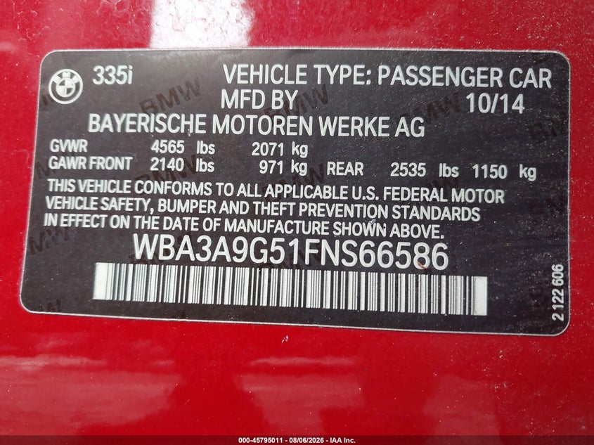 BMW 335I 2015 VIN WBA3A9G51FNS66586