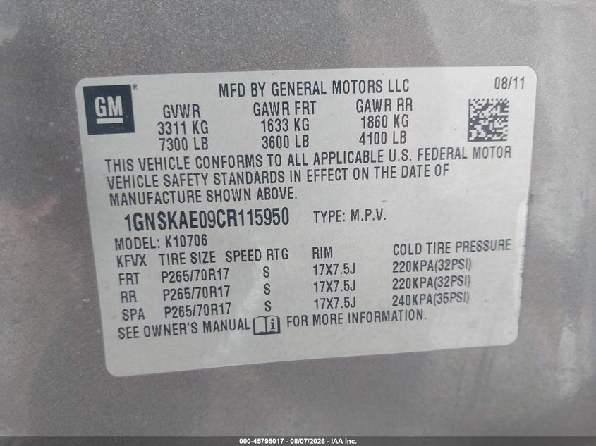 CHEVROLET TAHOE 2012 VIN 1GNSKAE09CR115950
