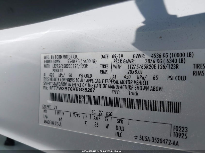FORD F-250 2019 VIN 1FT7W2BT0KEG35287