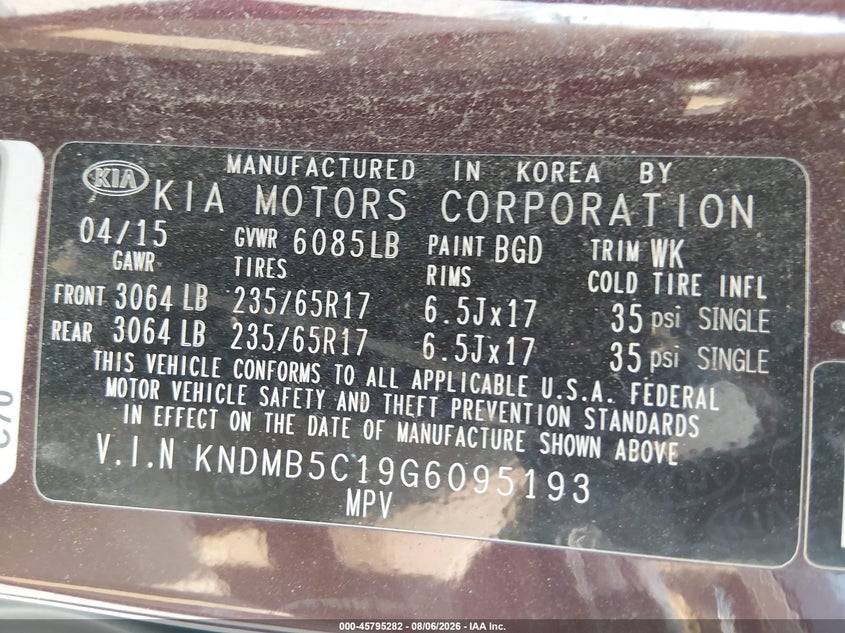 KIA SEDONA 2016 VIN KNDMB5C19G6095193