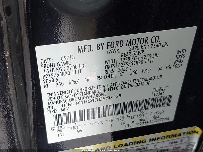 FORD EXPEDITION EL 2013 VIN 1FMJK1H56DEF50165
