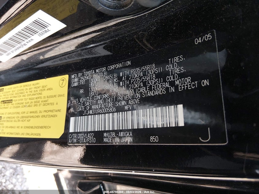 LEXUS RX 400H 2006 VIN JTJHW31U960005806