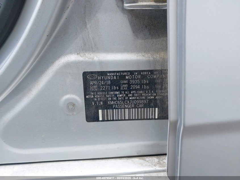 HYUNDAI IONIQ HYBRID 2018 VIN KMHC65LCXJU099897