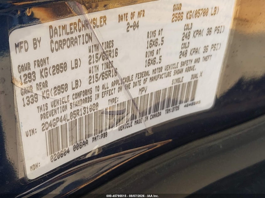 DODGE GRAND CARAVAN 2005 VIN 2D4GP44L05R131080