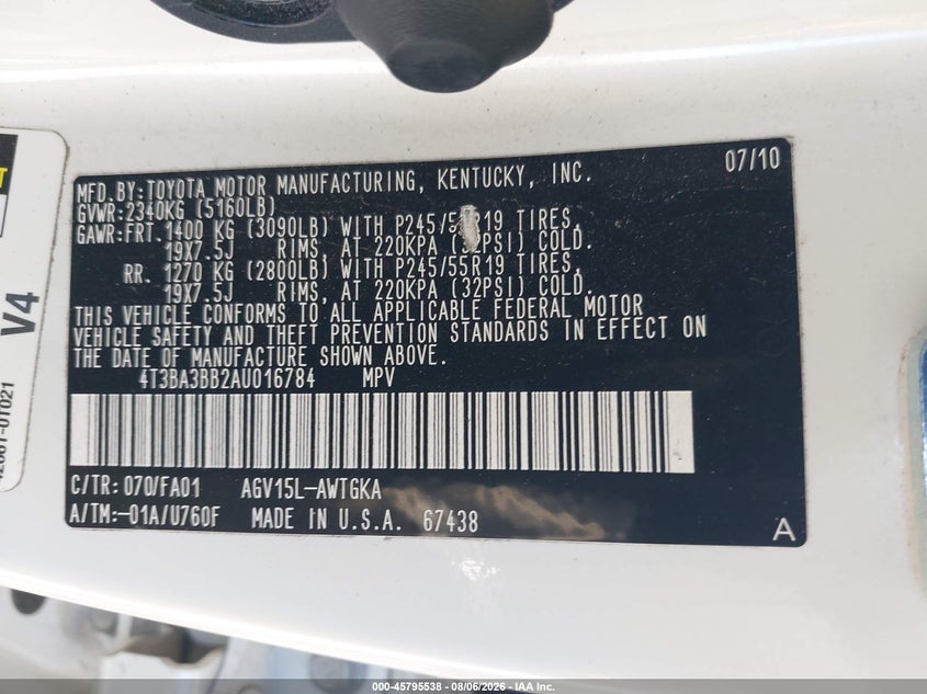 TOYOTA VENZA 2010 VIN 4T3BA3BB2AU016784